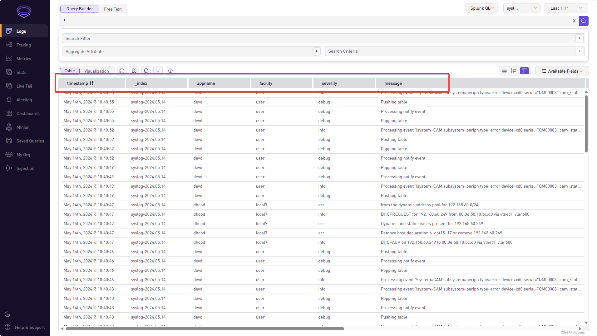 SigLens GUI showing logs