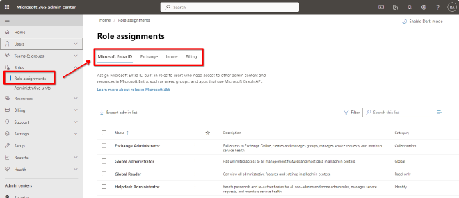 Microsoft 365 Admin Center with Role Assignments