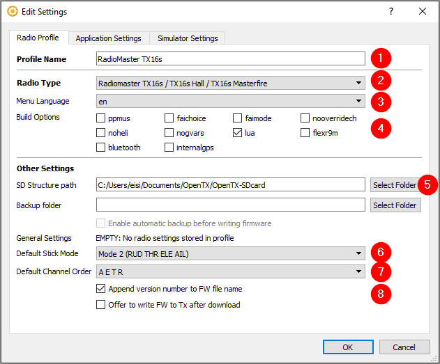 Settings window, page "Radio Profile"